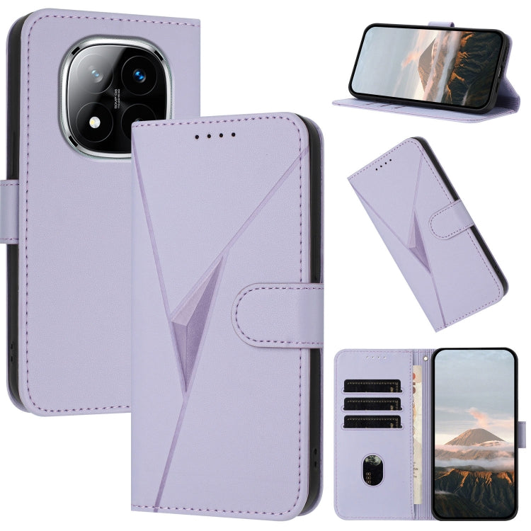 Leather phone case with triangle pattern and buckle clasp, light purple folio wallet