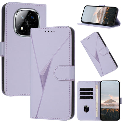 Leather phone case with triangle pattern and buckle clasp, light purple folio wallet