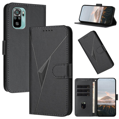 Black leather phone case with triangle pattern, flip cover, buckle clasp and card slots