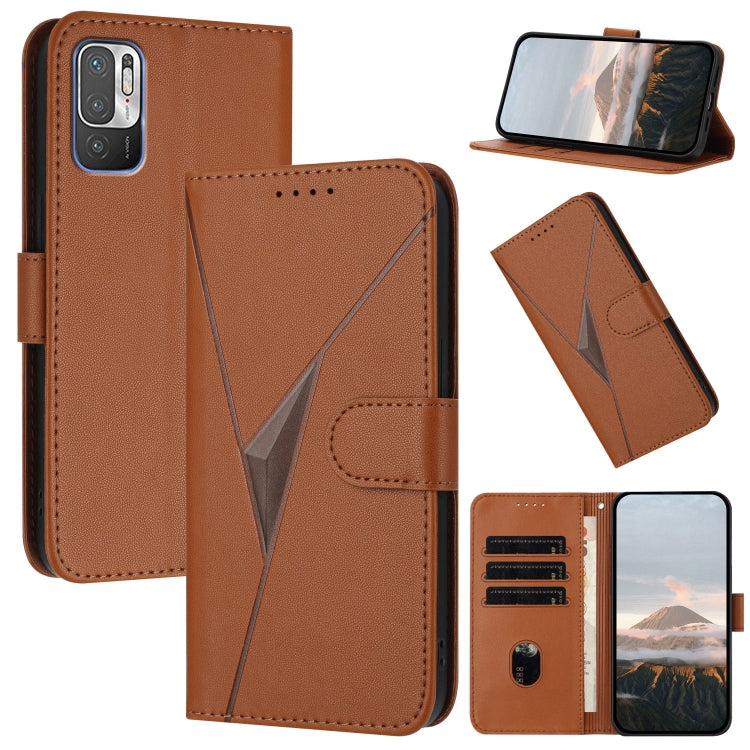 Brown leather flip phone case with triangular pattern and buckle clasp, card holder