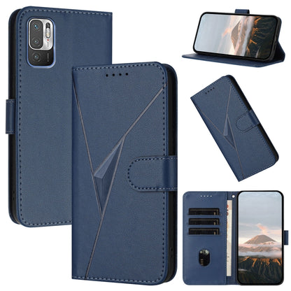 Blue leather flip phone case with triangular pattern, buckle clasp, and viewing stand