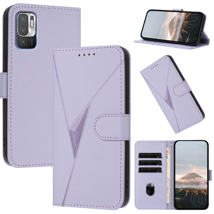 Light purple leather phone case with triangle pattern, buckle clasp, and card slot