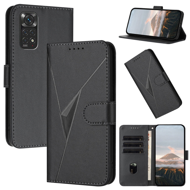 Black leather phone case with triangle pattern and buckle clasp, card slots, phone window