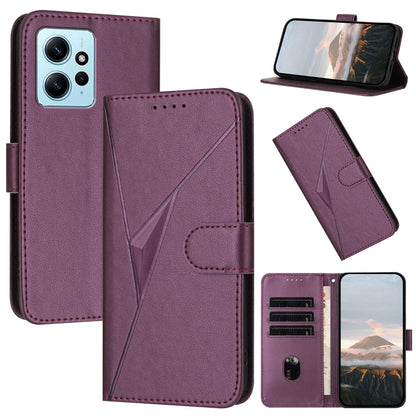 Dark purple leather phone case with triangle pattern, buckle clasp, and card holder.
