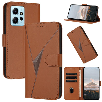 Brown leather phone case with triangle pattern, buckle clasp, and card holder.