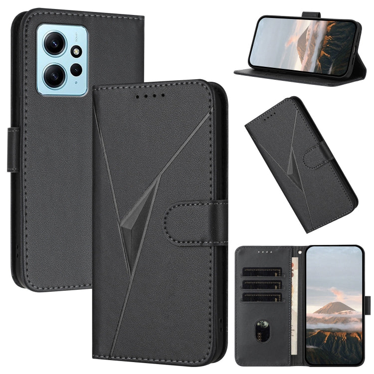 Black leather phone case with triangle pattern, buckle clasp, and card holder.