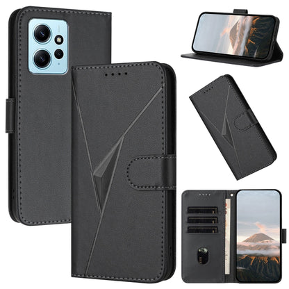Black leather phone case with triangle pattern, buckle clasp, and card holder.
