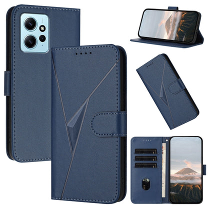 Royal blue leather phone case with triangle pattern, buckle clasp, and card holder.