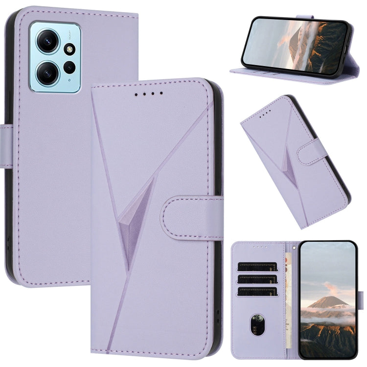 Light purple leather phone case with triangle pattern, buckle clasp, and card holder.