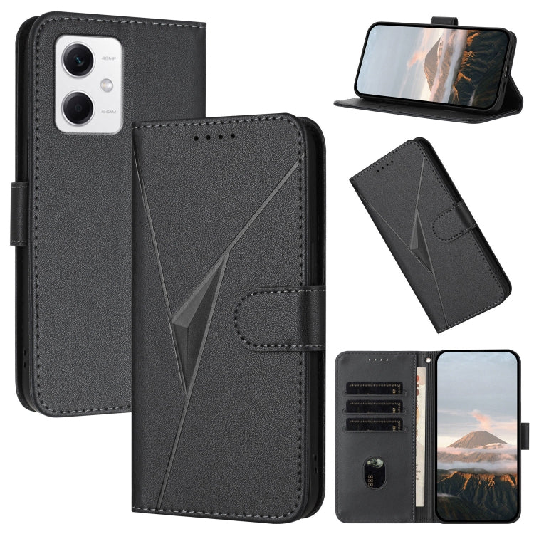 Black leather phone case with triangle buckle clasp, card slots, and viewing stand
