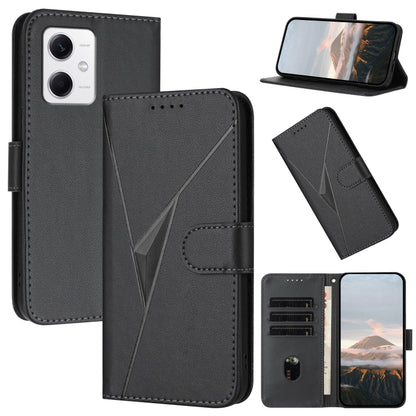 Black leather phone case with triangle buckle clasp, card slots, and viewing stand
