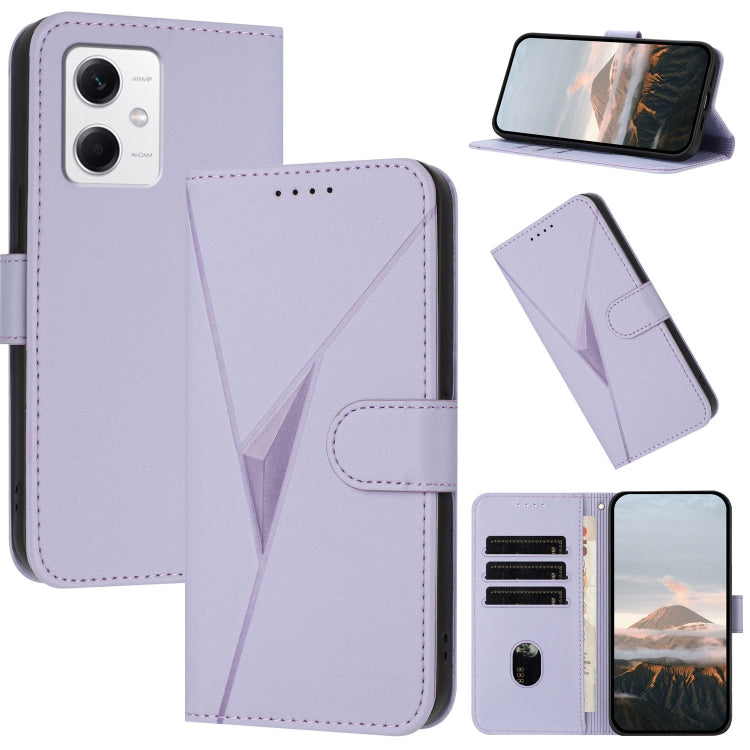 Light purple leather folio phone case with triangle pattern, buckle clasp, stand view