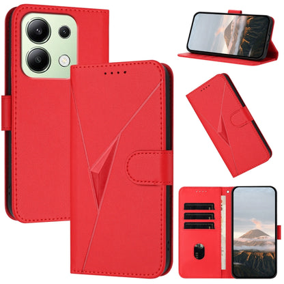 Red leather phone case with triangle pattern, foldover strap, card slots, stand