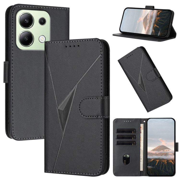Black leather phone case with triangle pattern, foldover strap, card slots, stand