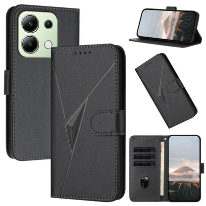 Black leather phone case with triangle pattern, foldover strap, card slots, stand