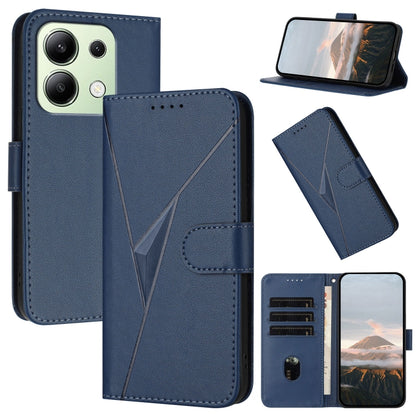 Royal blue leather phone case with triangle pattern, foldover strap, card slots, stand