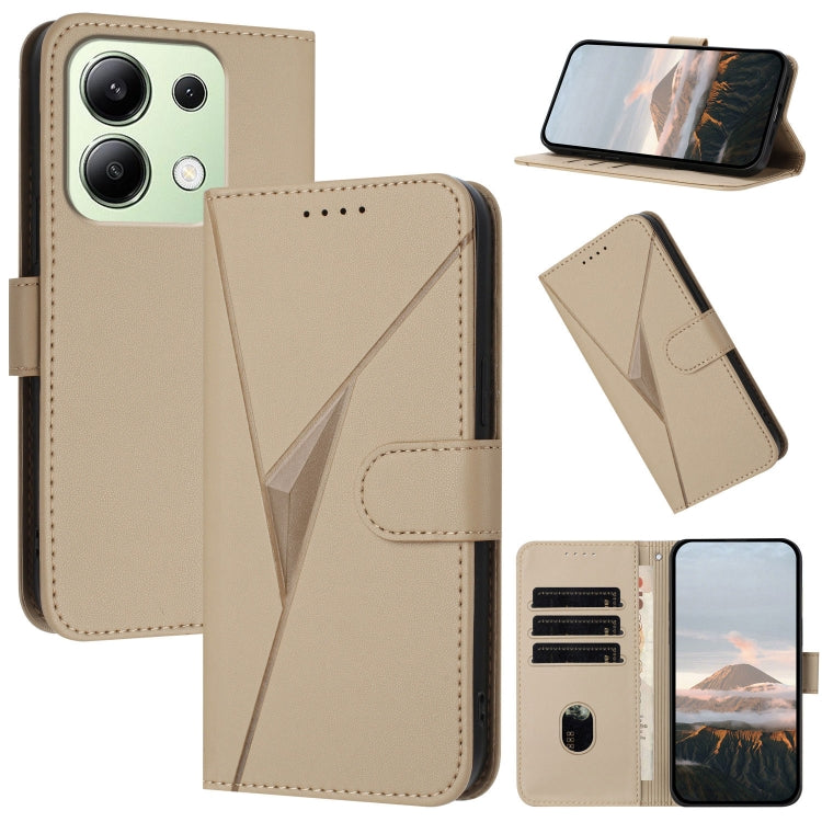 Gold leather phone case with triangle pattern, foldover strap, card slots, stand