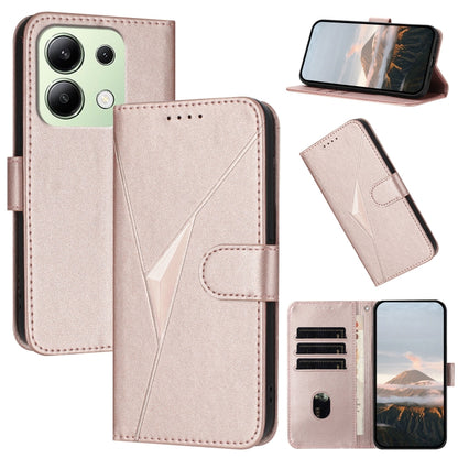 Light rose leather phone case with triangle pattern, foldover strap, card slots, stand