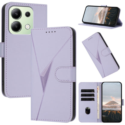 Light purple leather phone case with triangle pattern, foldover strap, card slots, stand
