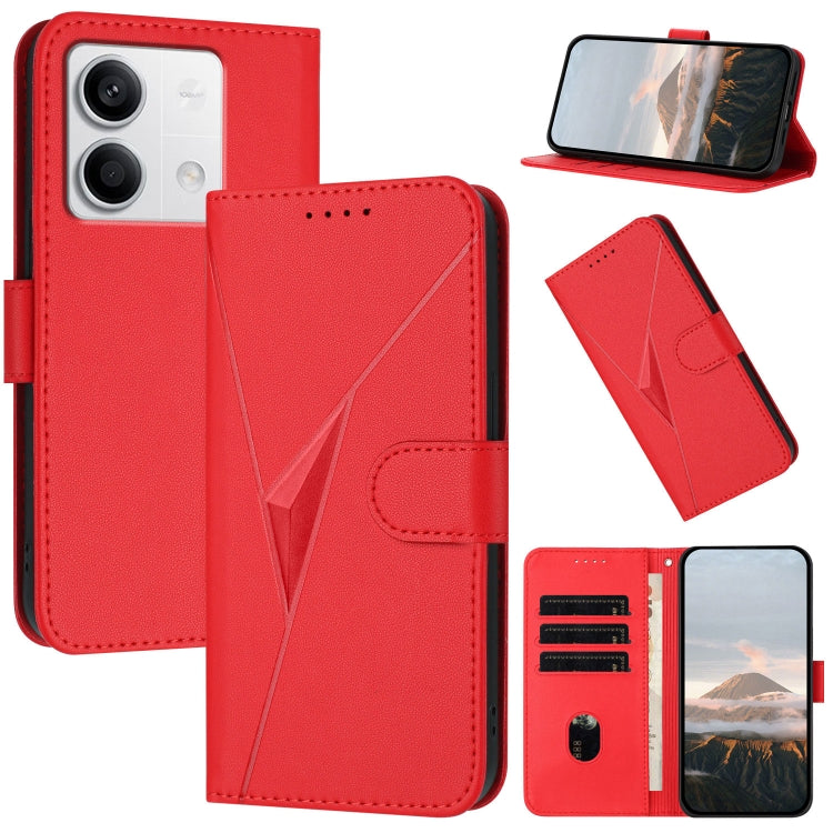 Red leather phone case with triangle pattern, buckle clasp, and card slots