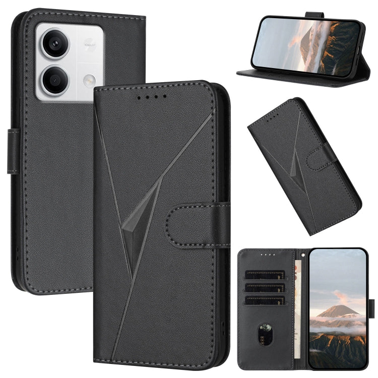 Black leather phone case with triangle pattern, buckle clasp, and card slots