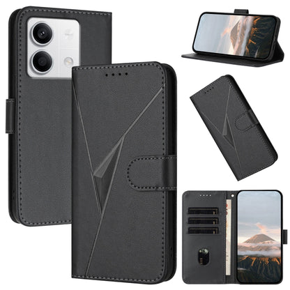 Black leather phone case with triangle pattern, buckle clasp, and card slots
