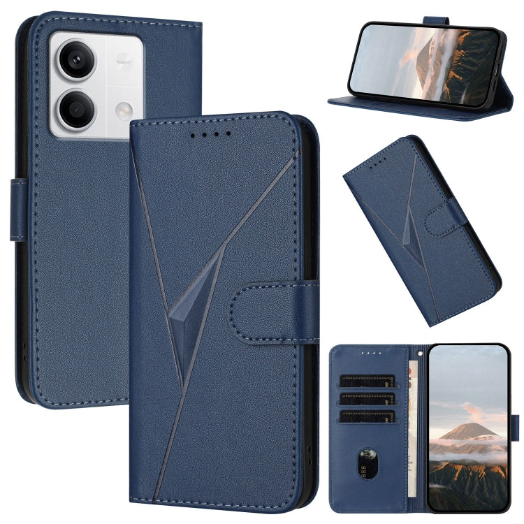 Triangle pattern leather phone case with buckle clasp, dark blue flip cover and stand