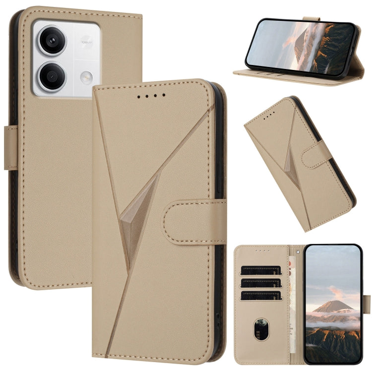 Triangle pattern leather phone case with buckle clasp, light gold flip cover and card slots