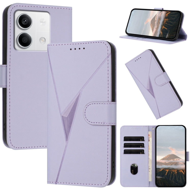 Triangle pattern leather phone case with buckle clasp, light purple flip cover and card slots