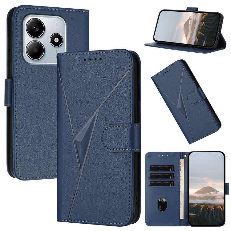Dark blue leather phone case with triangle pattern, buckle clasp, and card slots