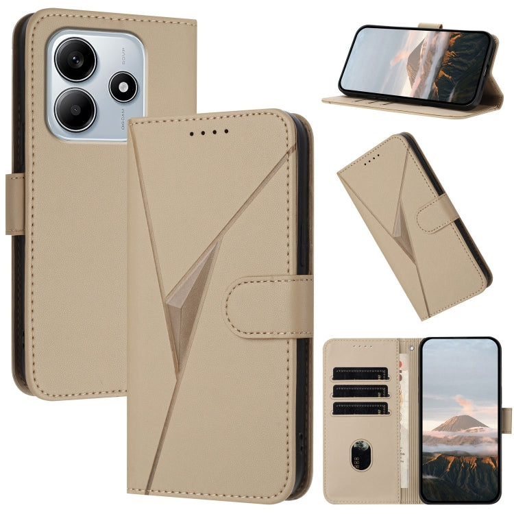 Beige leather phone case with triangle pattern, buckle clasp, and card slots