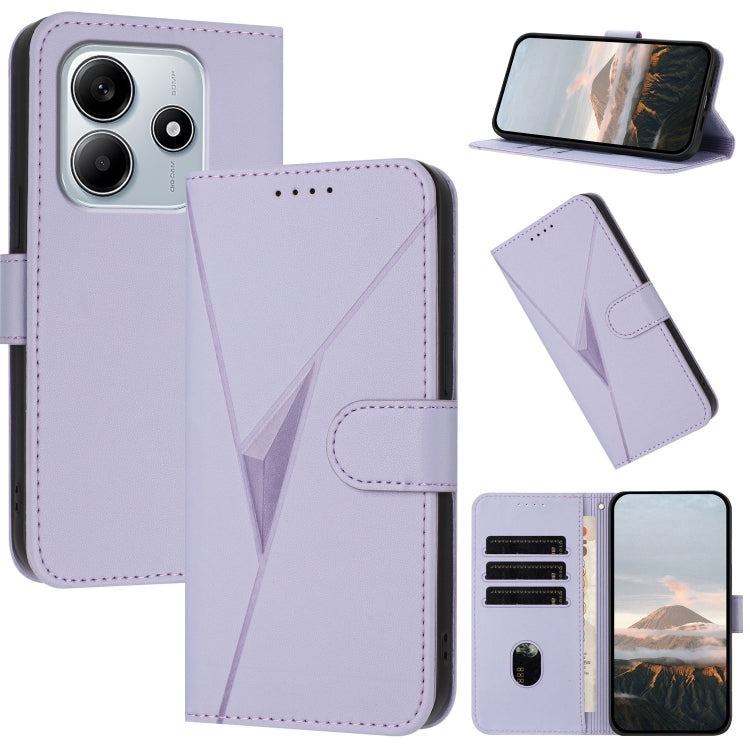 Light purple leather phone case with triangle pattern, buckle clasp, and card slots