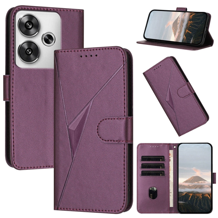 Dark purple leather phone case with triangle pattern, buckle clasp, card slots and stand
