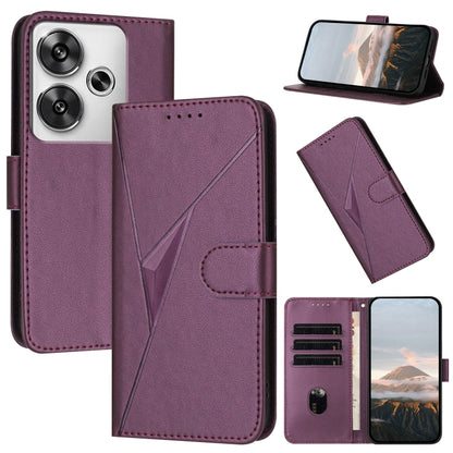 Dark purple leather phone case with triangle pattern, buckle clasp, card slots and stand