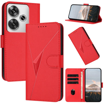 Red leather phone case with triangle pattern, buckle clasp, card slots and stand