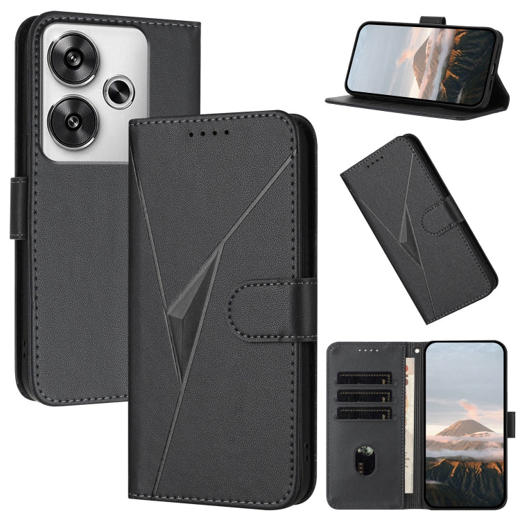 Dark gray leather phone case with triangle pattern, buckle clasp, card slots and stand