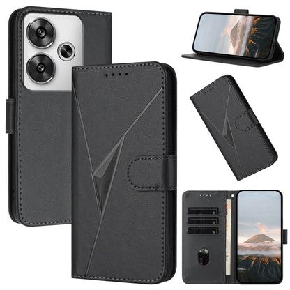 Dark gray leather phone case with triangle pattern, buckle clasp, card slots and stand
