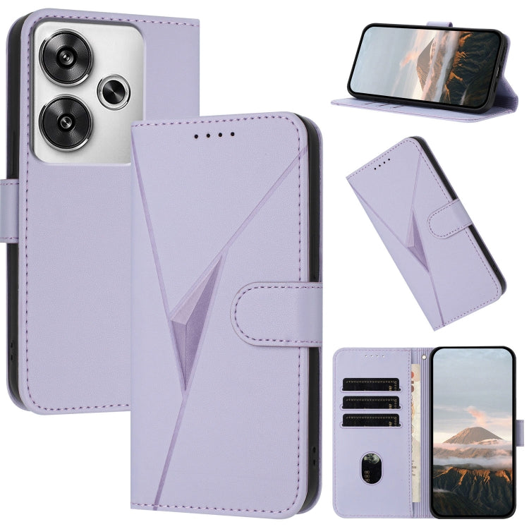 Light purple leather phone case with triangle pattern, side buckle clasp, wallet card holder