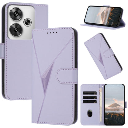 Light purple leather phone case with triangle pattern, side buckle clasp, wallet card holder