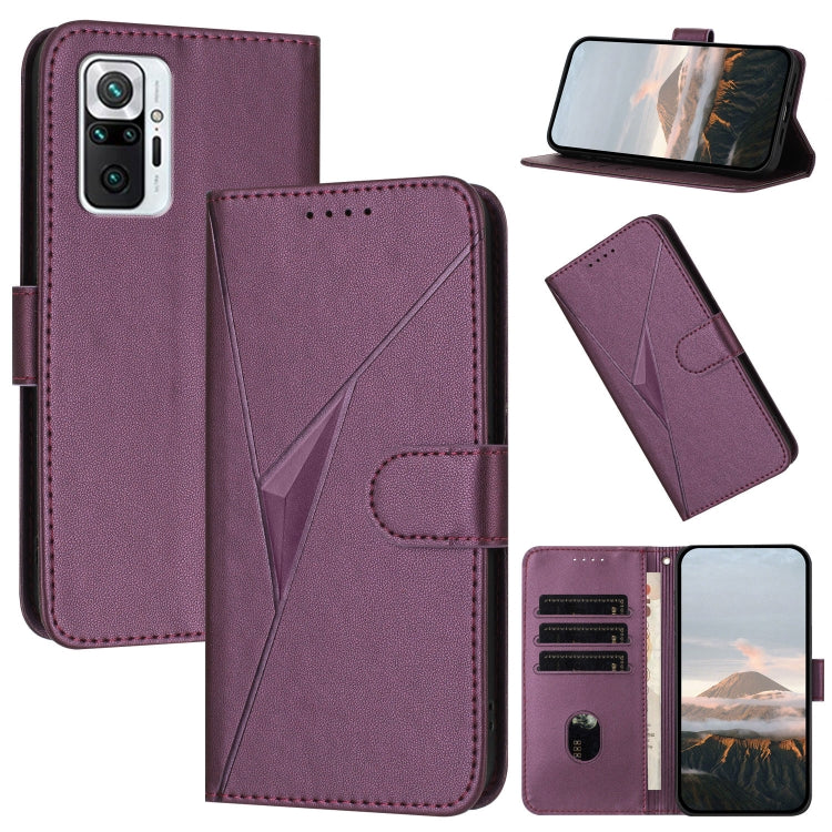 Dark purple folio leather phone case with triangular pattern and buckle clasp.