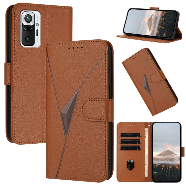Brown leather phone case with triangle pattern, flip cover, buckle clasp and card slots