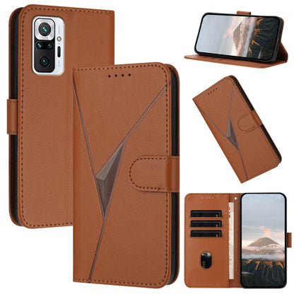 Brown leather phone case with triangle pattern, flip cover, buckle clasp and card slots