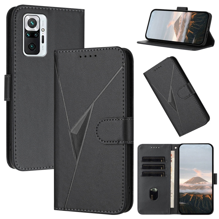 Black leather phone case with triangle pattern, flip cover, buckle clasp and card slots