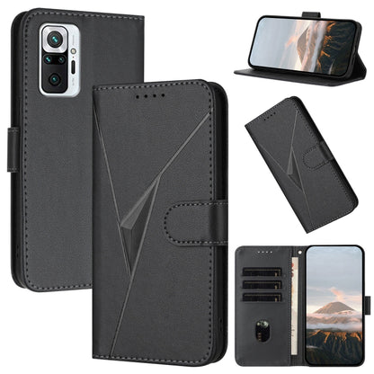 Black leather phone case with triangle pattern, flip cover, buckle clasp and card slots