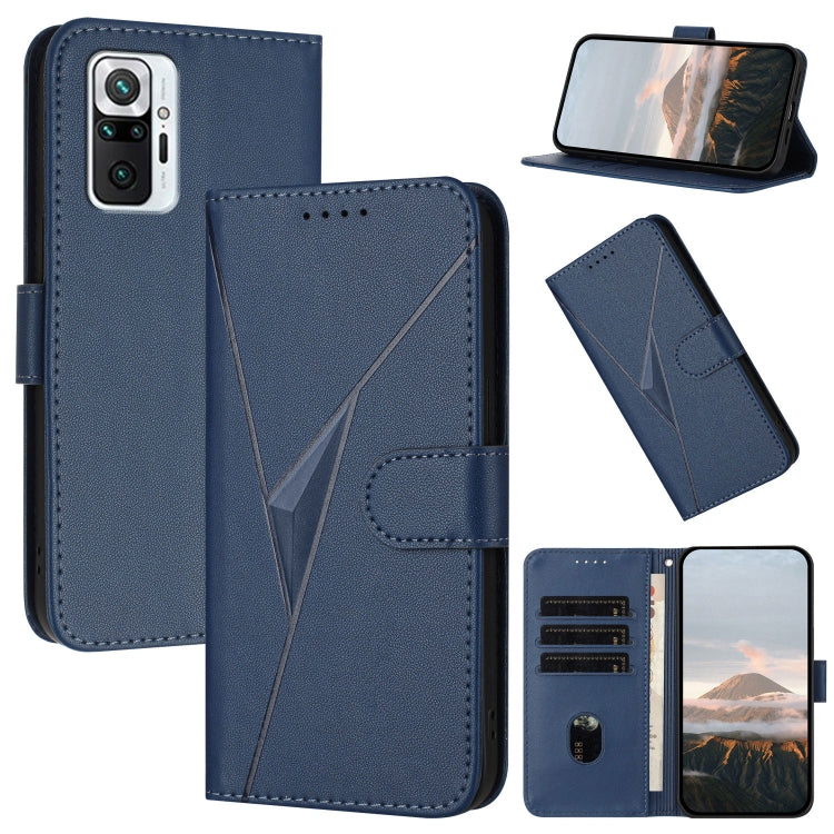 Royal blue leather phone case with triangle pattern, flip cover, buckle clasp and card slots