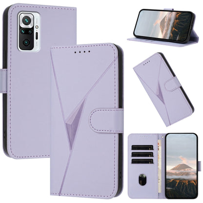 Light purple leather phone case with triangle pattern, flip cover, buckle clasp and card slots