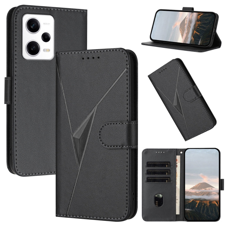 Black leather phone case with triangle pattern, buckle clasp, and card slots
