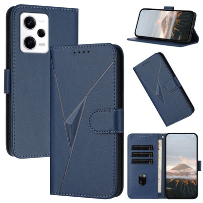 Royal blue leather phone case with triangle pattern, buckle clasp, and card slots