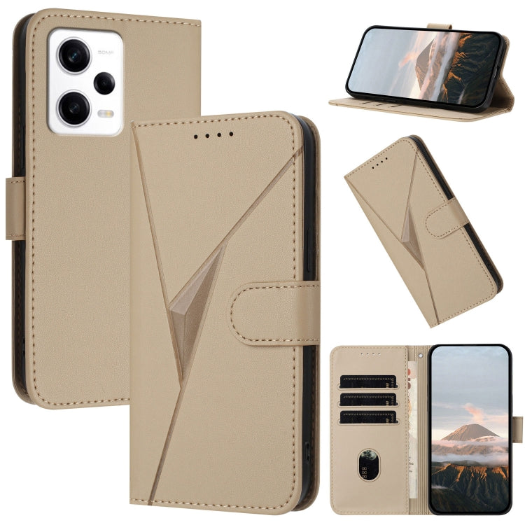 Gold leather phone case with triangle pattern, buckle clasp, and card slots