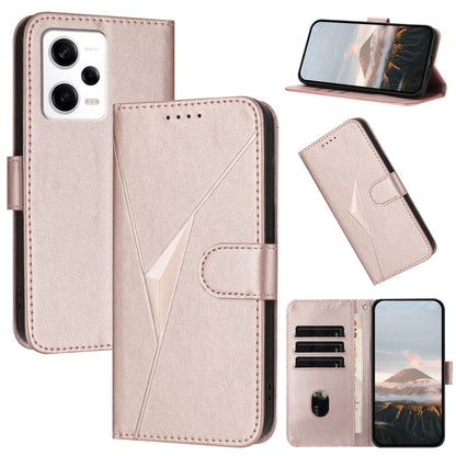 Light purple leather phone case with triangle pattern, buckle clasp, and card slots